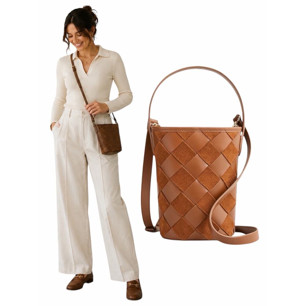 J. Crew Berkeley Leather Suede Woven Small Bucket Bag Brown
